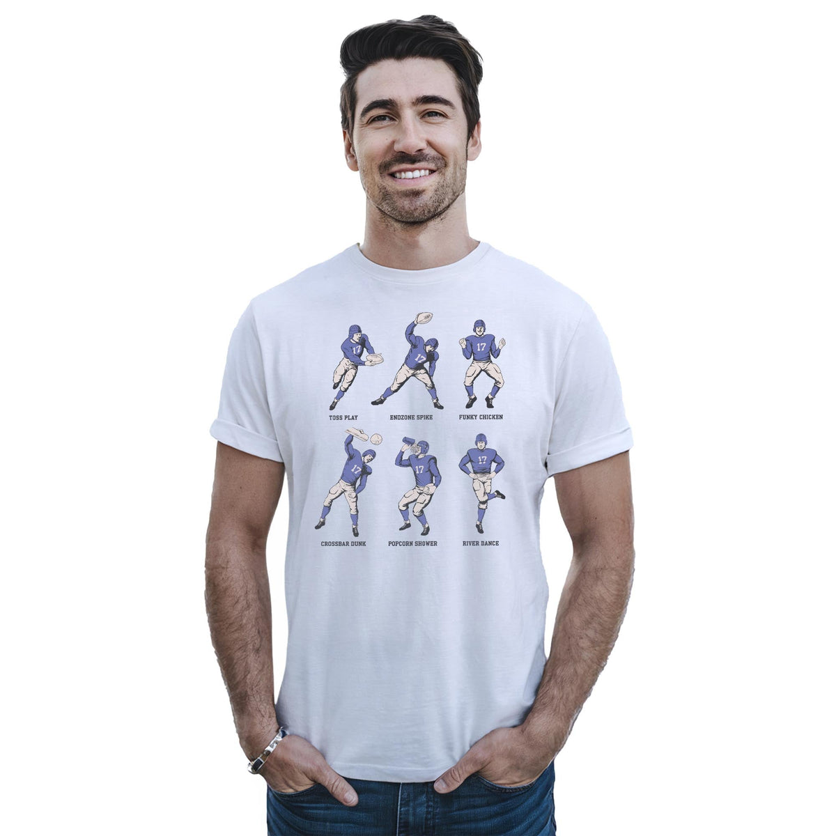 Football Fundamentals Funny Staple T-shirt in White On Model - Front View