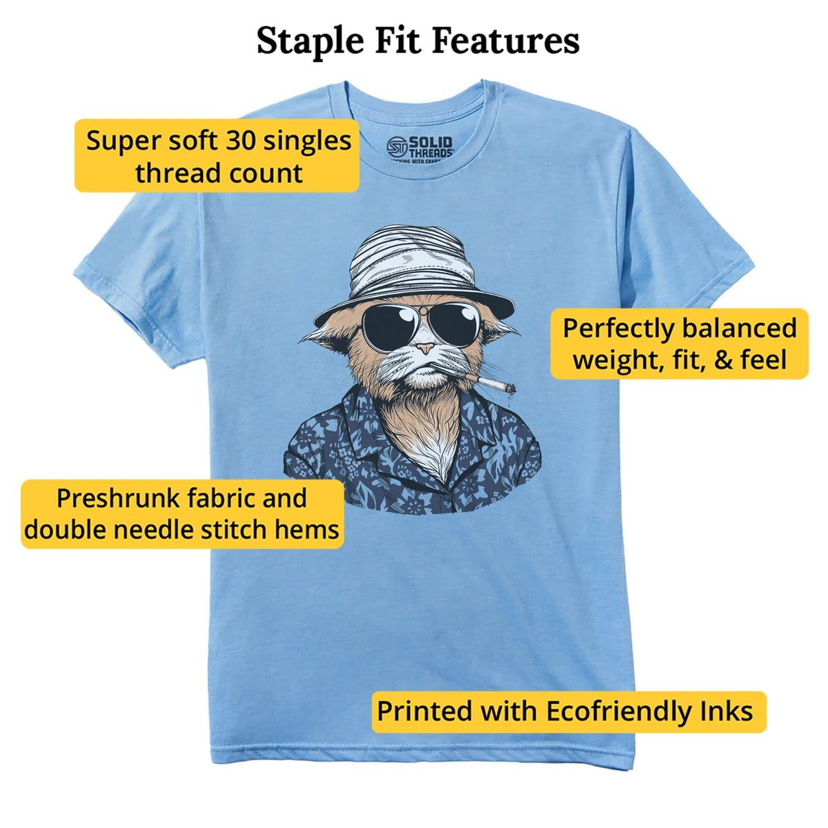 Hunter S. Tomcat Funny Staple T-shirt in Light Blue Heather - Fit Attributes