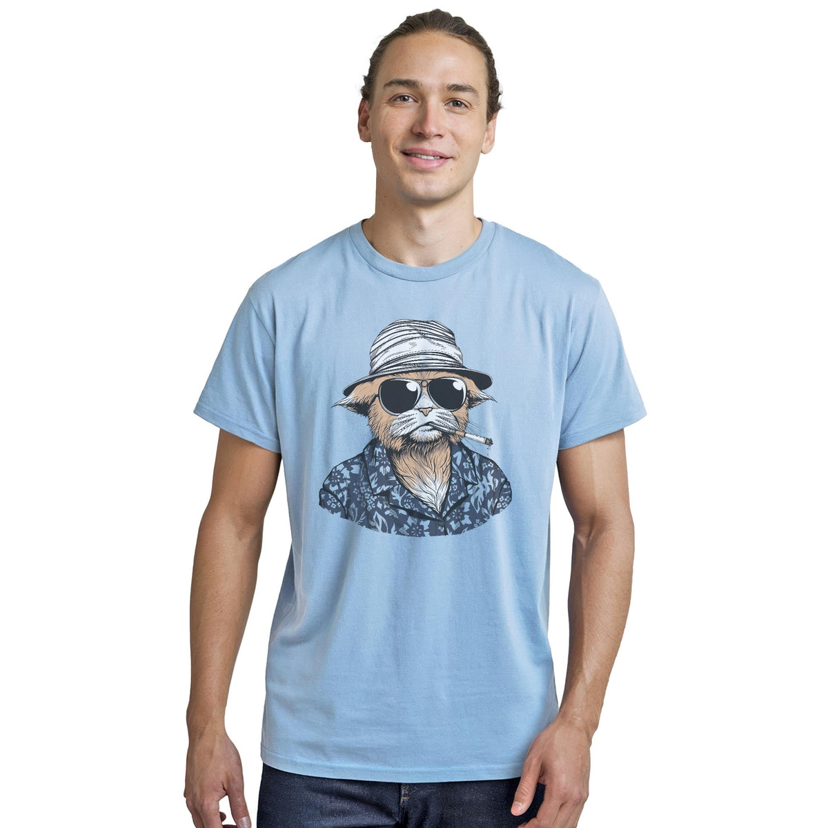 Hunter S. Tomcat Funny Staple T-shirt in Light Blue Heather On Model - Front View