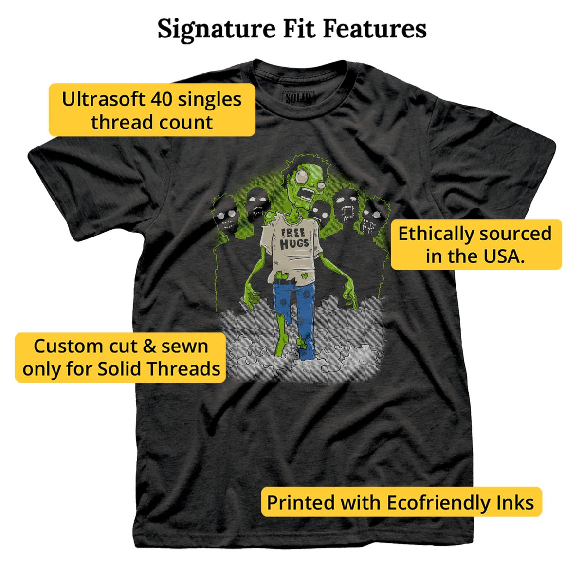 Free Hugs Funny Signature T-shirt in Dark Charcoal - Fit Attributes