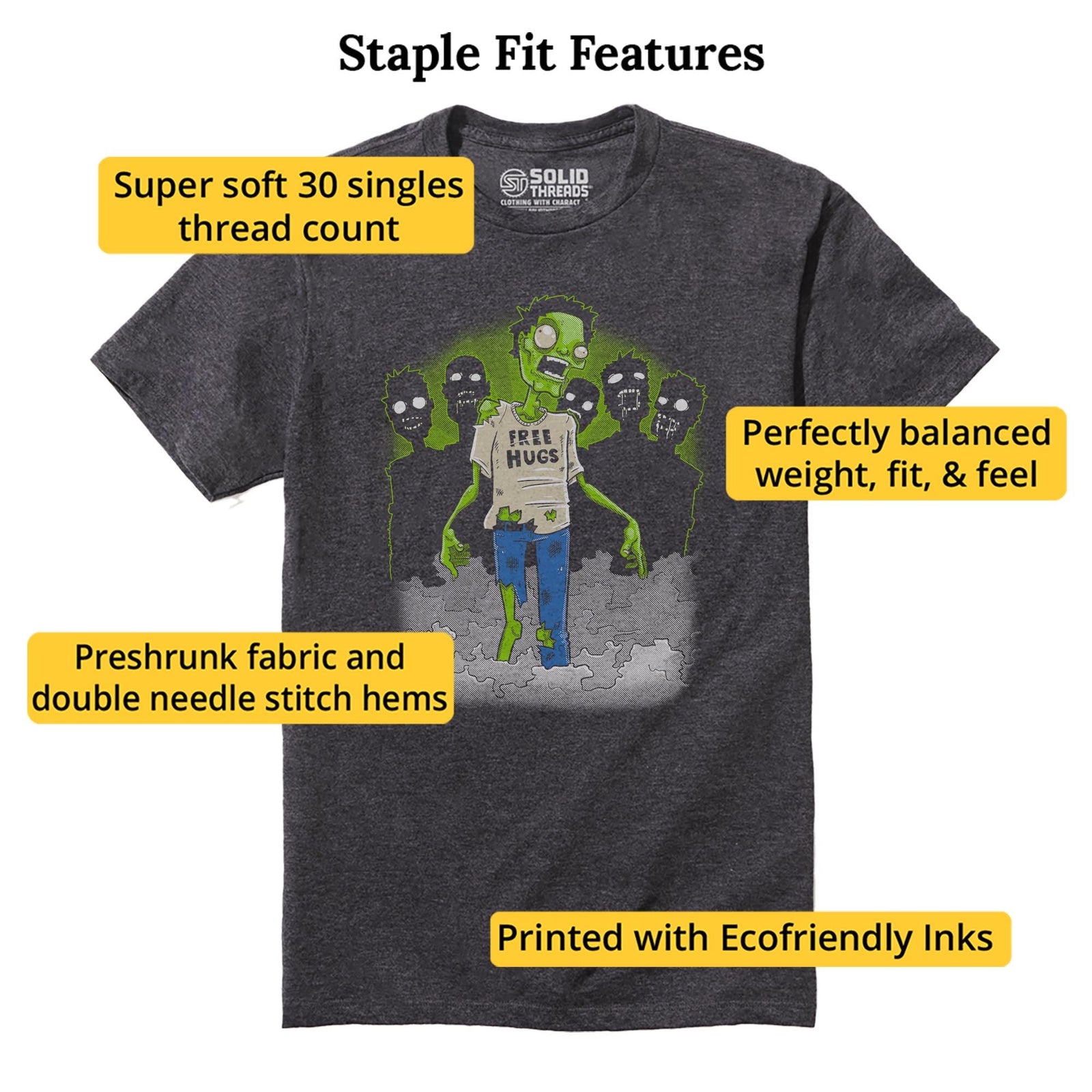 Free Hugs Funny Staple T-shirt in Charcoal Heather - Fit Attributes