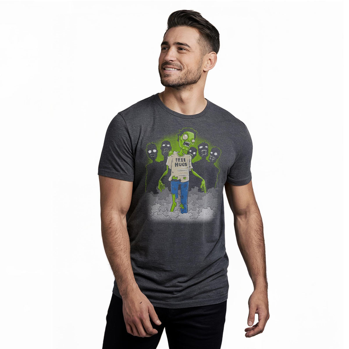 Free Hugs Funny Staple T-shirt in Charcoal Heather On Model - Front View