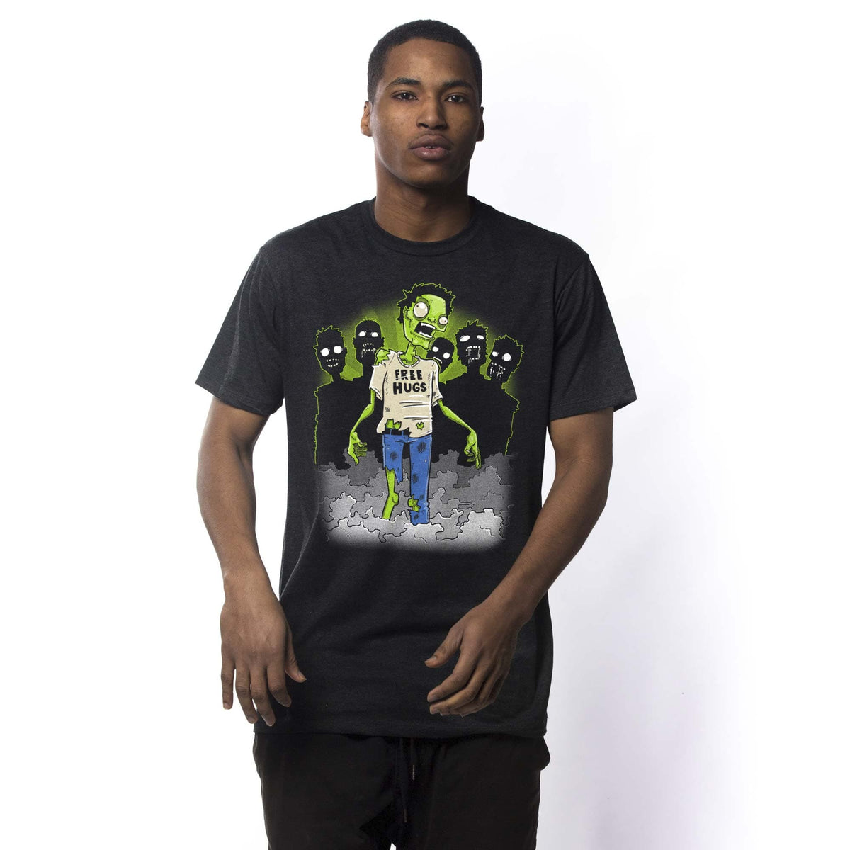 Free Hugs Funny Graphic T-Shirt | Cool Zombie Halloween Pun Tee On Model | Solid Threads