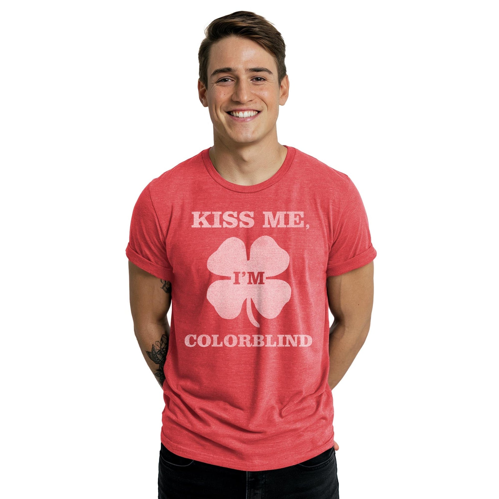 Kiss Me, I'm Colorblind Funny Staple T-shirt in Red Heather On Model - Front View