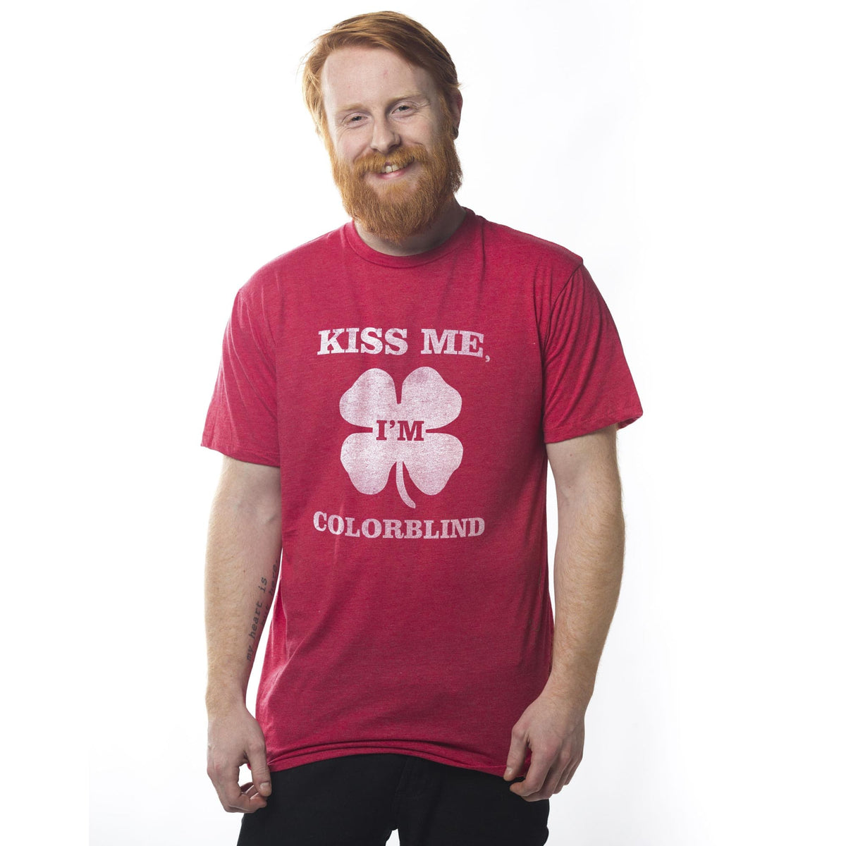 Men's Kiss-Me,-I'M-Colorblind Funny Graphic T-Shirt | Vintage Paddy'S Day Irish Tee On Model | Solid Threads