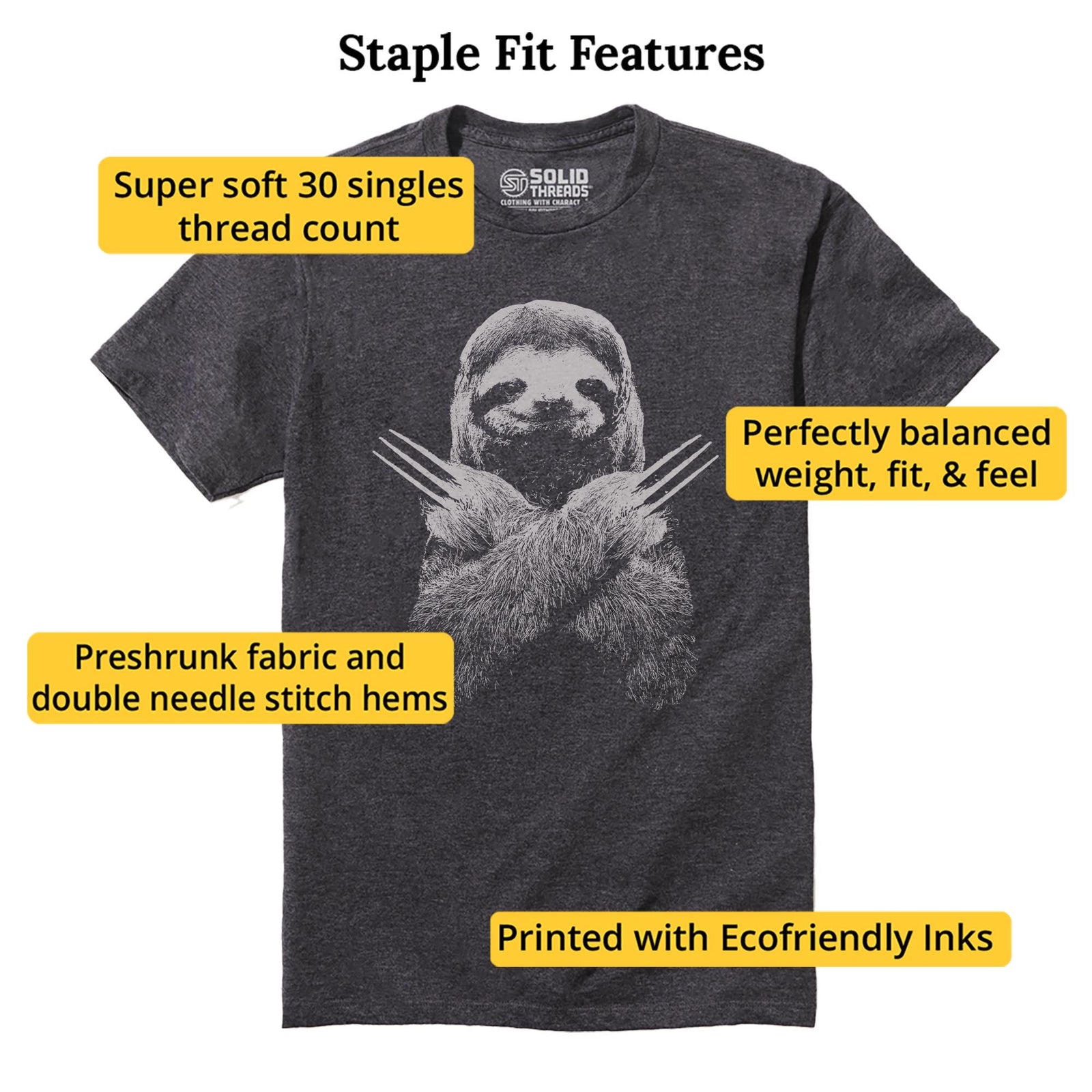 Slotherine Funny Staple T-shirt in Charcoal Heather - Fit Attributes