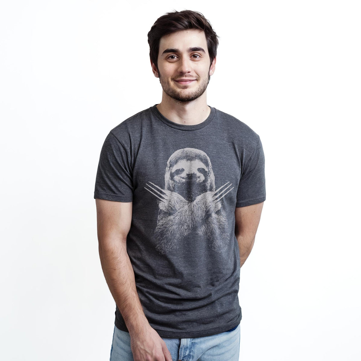 Slotherine Funny Staple T-shirt in Charcoal Heather On Model - Front View