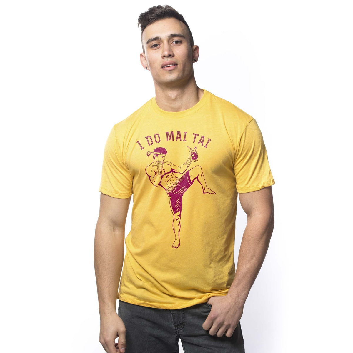 Men's I Do Mai Tai Funny Graphic T-Shirt | Vintage Muay Thai Pun Tee On Model | Solid Threads