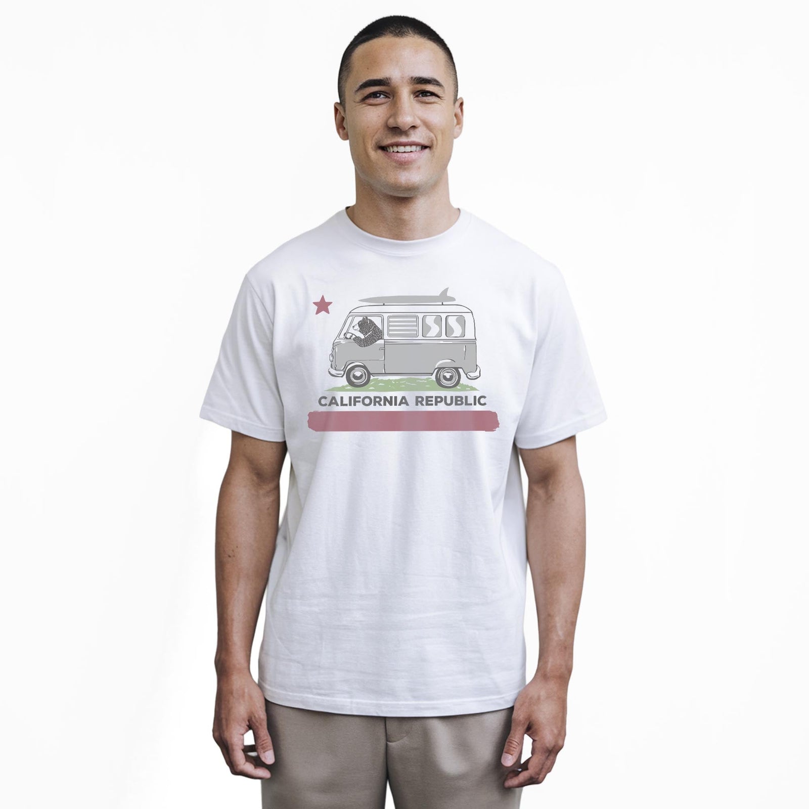 Surfer Bear Vintage Staple T-shirt in White On Model - Front View