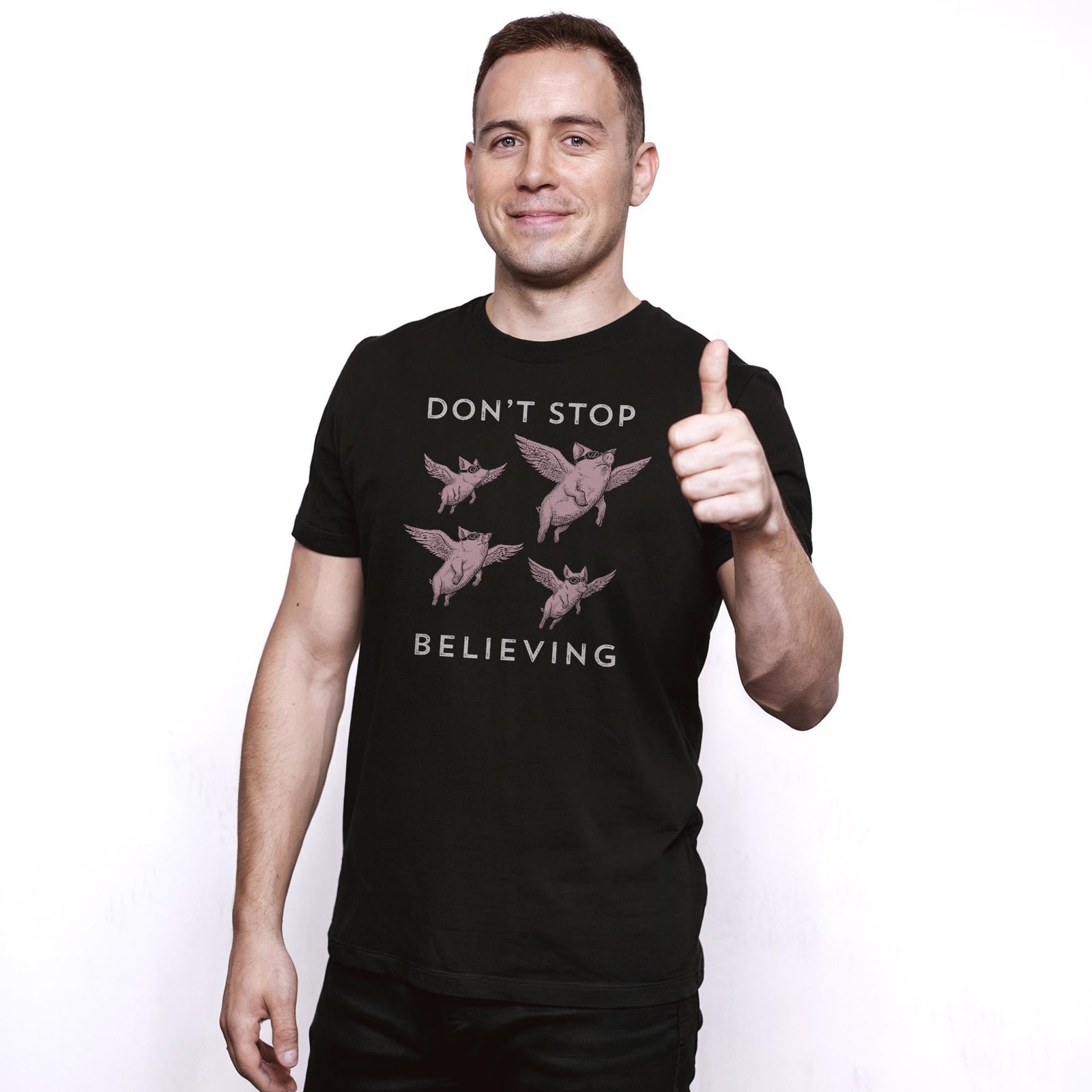 Don't Stop Believing Cool Staple T-shirt in Black On Model - Front View