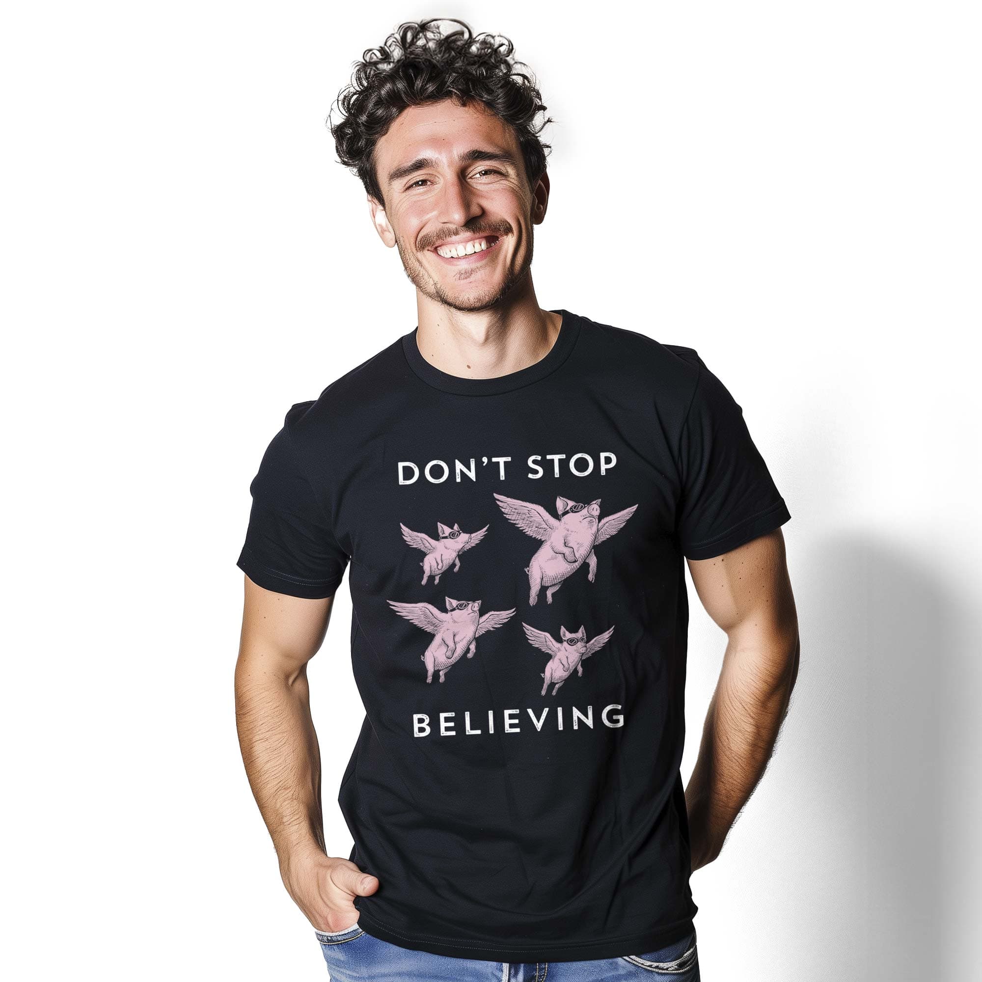 Men's Don'T Stop Believing Cool Graphic T-Shirt | Funny Pigs Flying  Tee On Model | Solid Threads