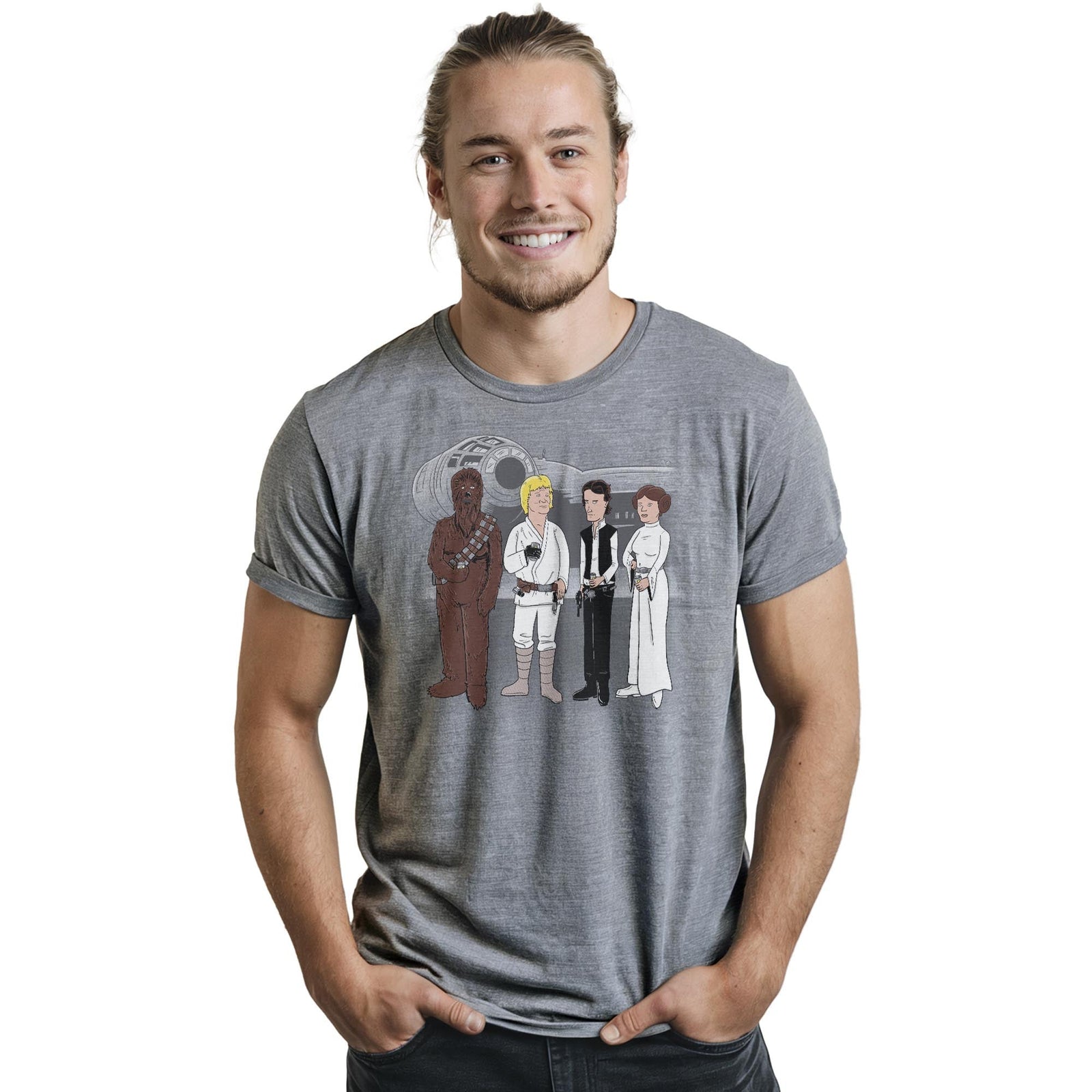 King Of The Galaxy Designer Staple T-shirt in Ash Heather On Model - Front View