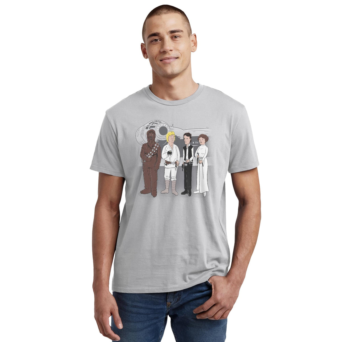 King Of The Galaxy Designer Staple T-shirt in Silver On Model - Front View