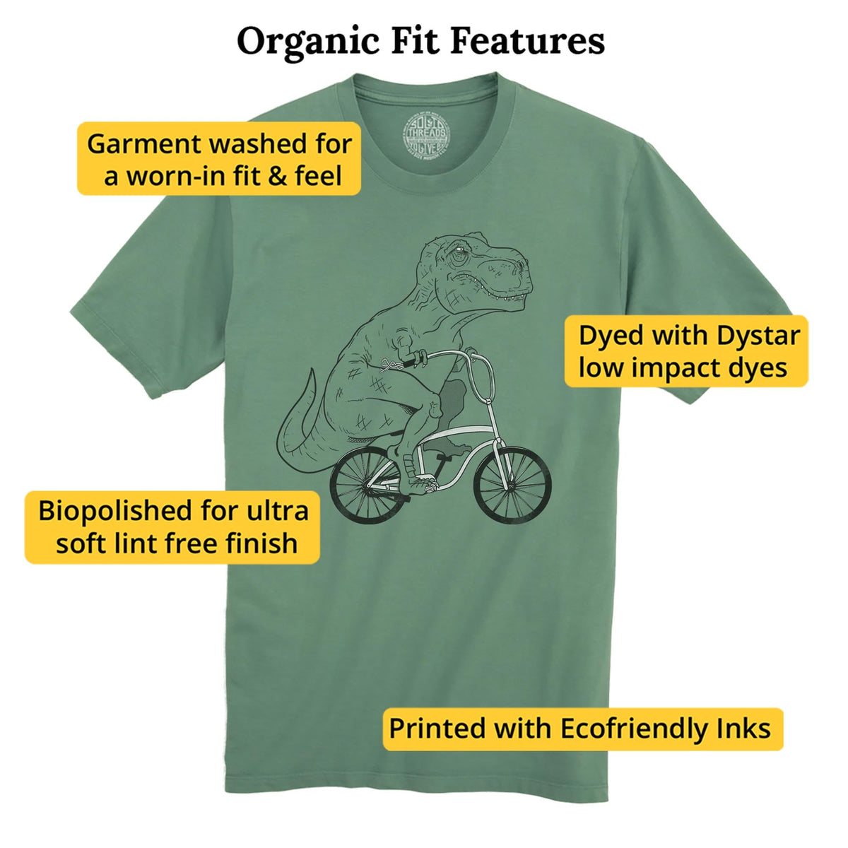 T-rex Beach Cruiser Vintage Organic T-shirt in Pine - Fit Attributes