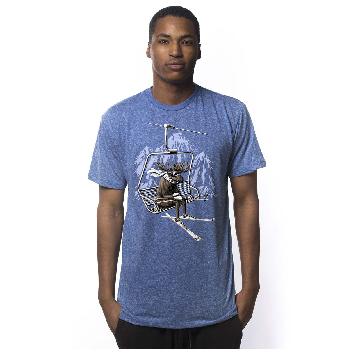 Men's Vacation Moose Funny Graphic T Shirt | Vintage Ski Lift Winter Tee On Model | Solid Threads