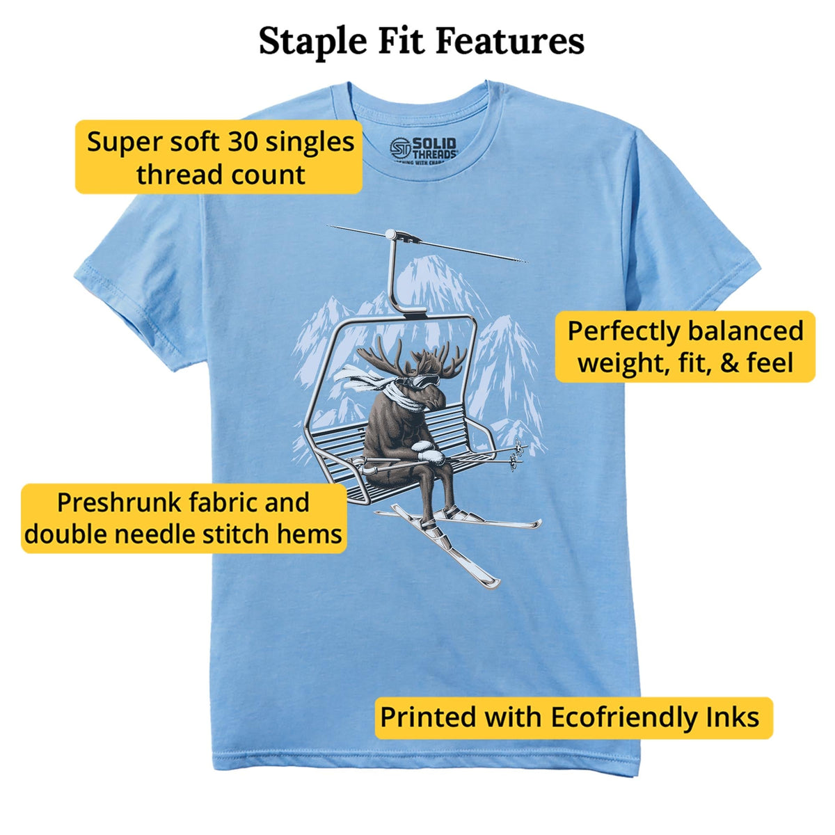 Vacation Moose Funny Staple T-shirt in Light Blue Heather - Fit Attributes