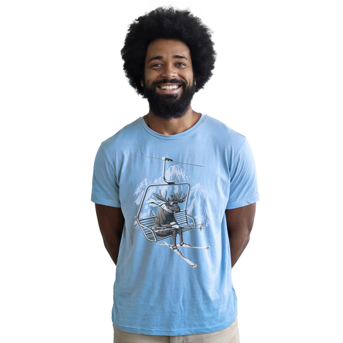 Vacation Moose Funny Staple T-shirt in Light Blue Heather On Model - Front View
