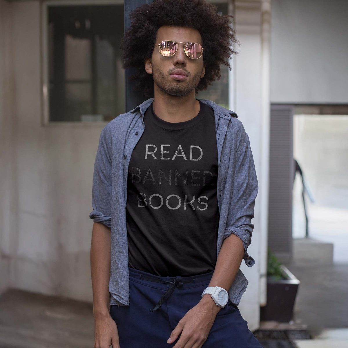 Men's Read Banned Books Designer Graphic T-Shirt | Vintage Liberal Statement  Tee On Model | Solid Threads