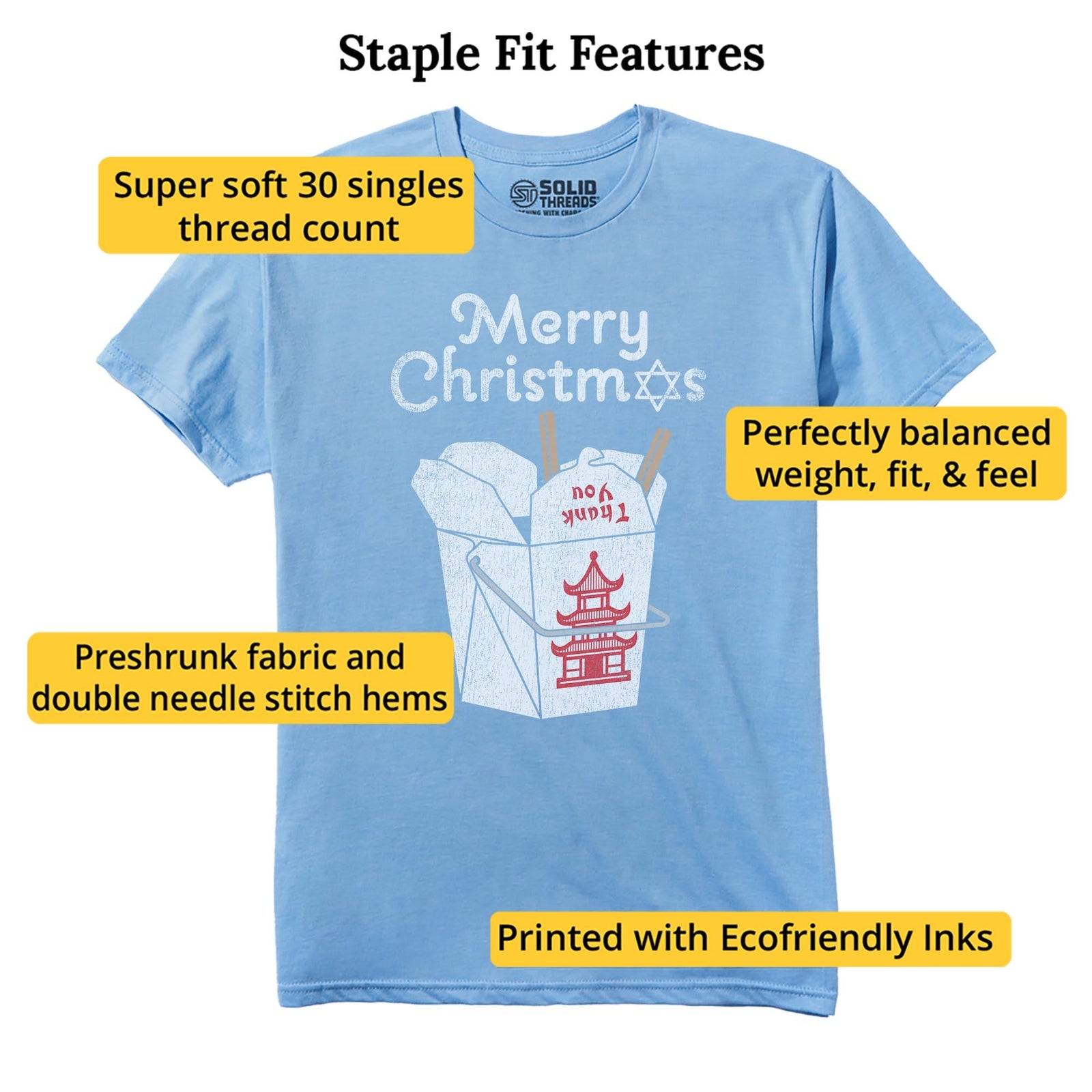Jewish Christmas Funny Staple T-shirt in Light Blue Heather - Fit Attributes
