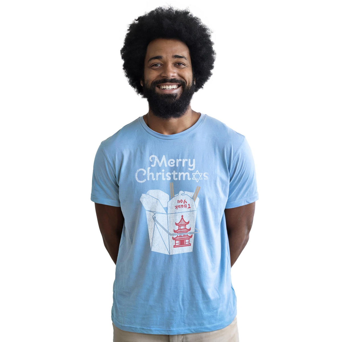 Jewish Christmas Funny Staple T-shirt in Light Blue Heather On Model - Front View
