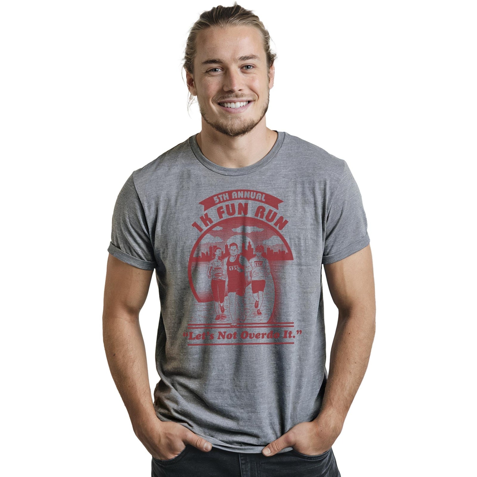 1k Fun Run Funny Staple T-shirt in Ash Heather On Model - Front View