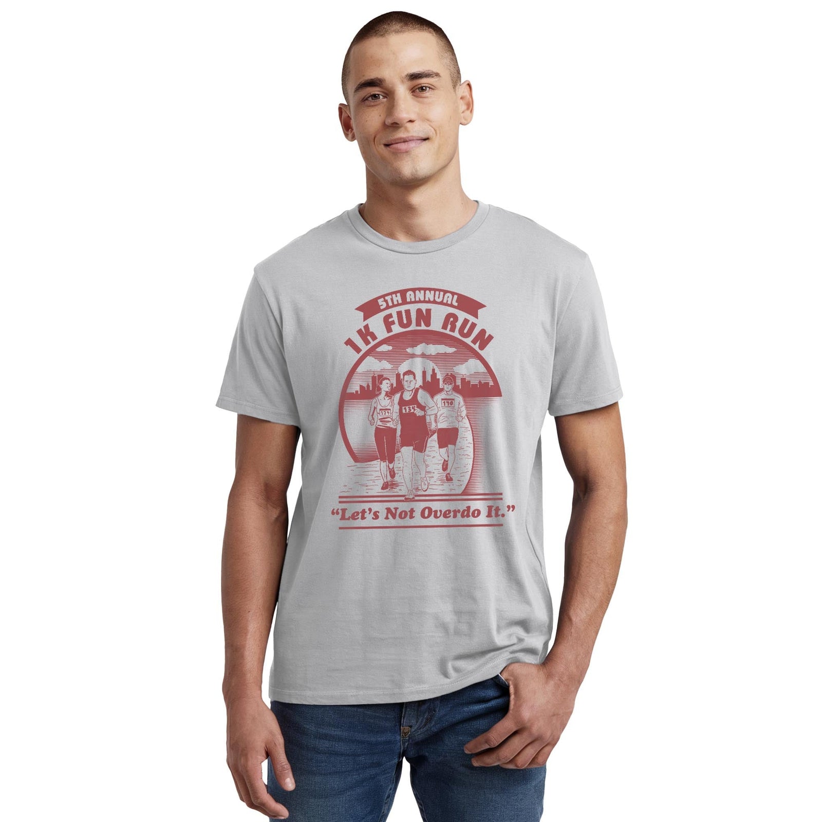 1k Fun Run Funny Staple T-shirt in Silver On Model - Front View
