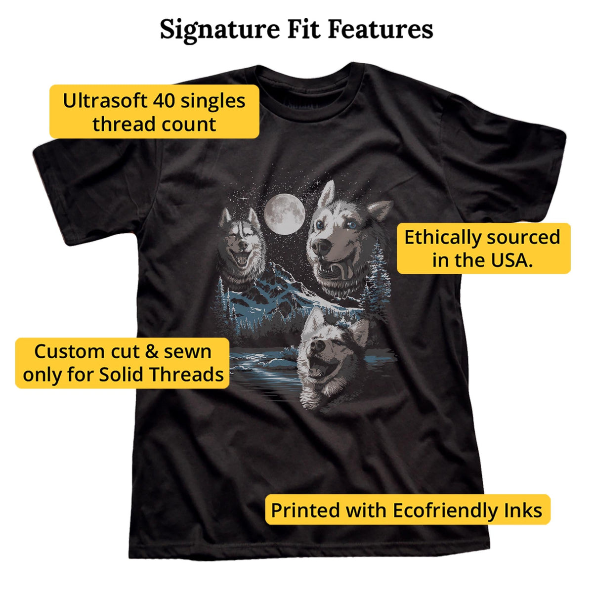 Three Derp Huskies Funny Signature T-shirt in Black - Fit Attributes