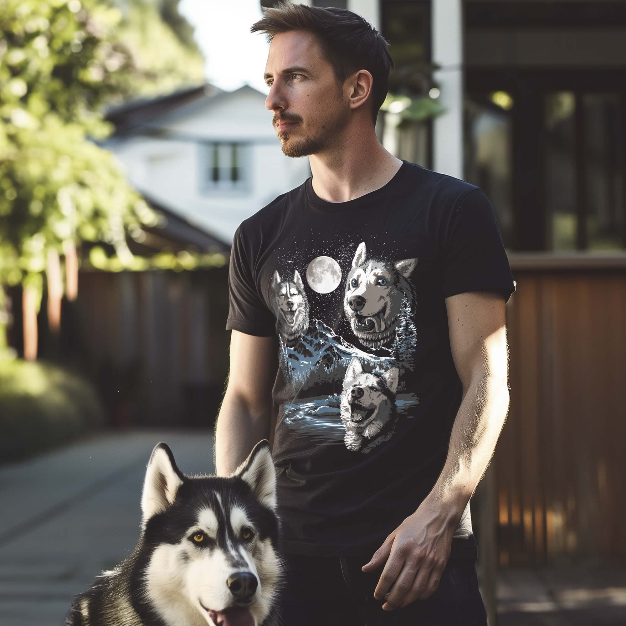 Men's Three Derp Huskies Funny Graphic T-Shirt | Vintage Dogs Moon  Tee On Model | Solid Threads