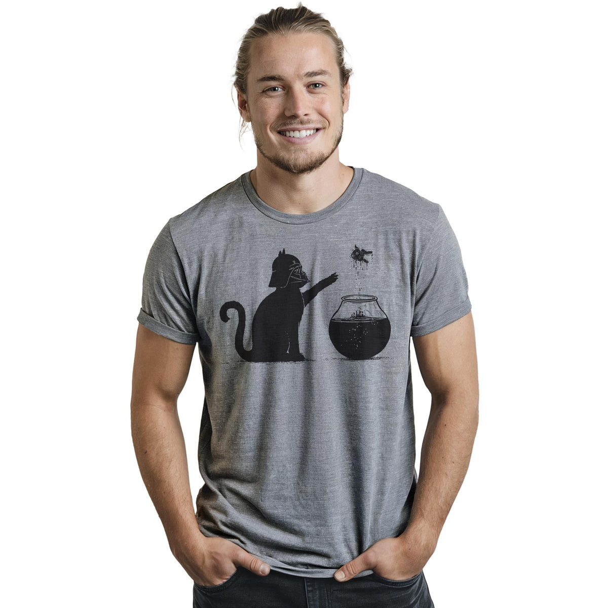 All Too Easy Funny Staple T-shirt in Ash Heather On Model - Front View