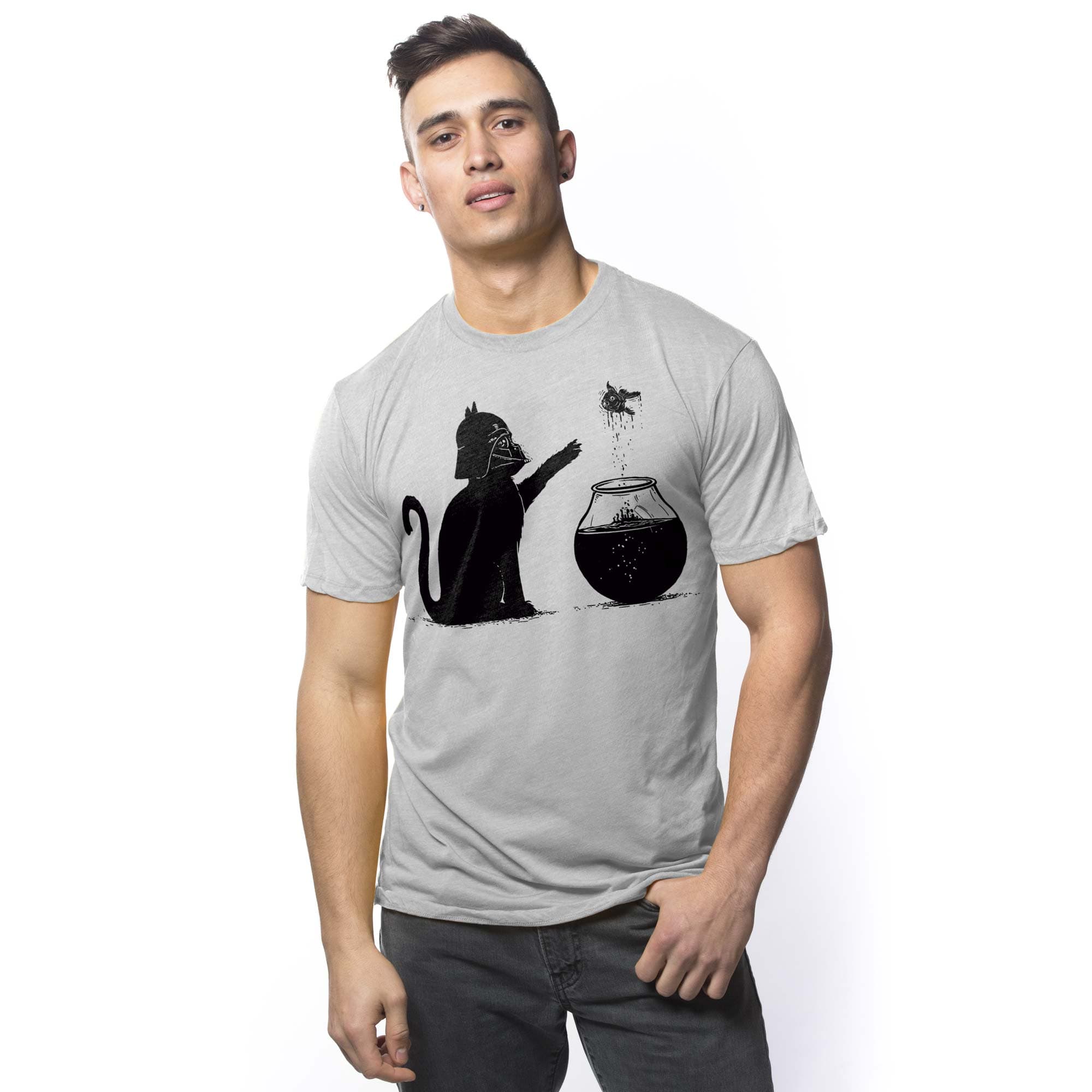 Men's All Too Easy Funny Artsy Graphic T-Shirt | Designer Cat Fish Darth Vader Tee on Model | Solid Threads