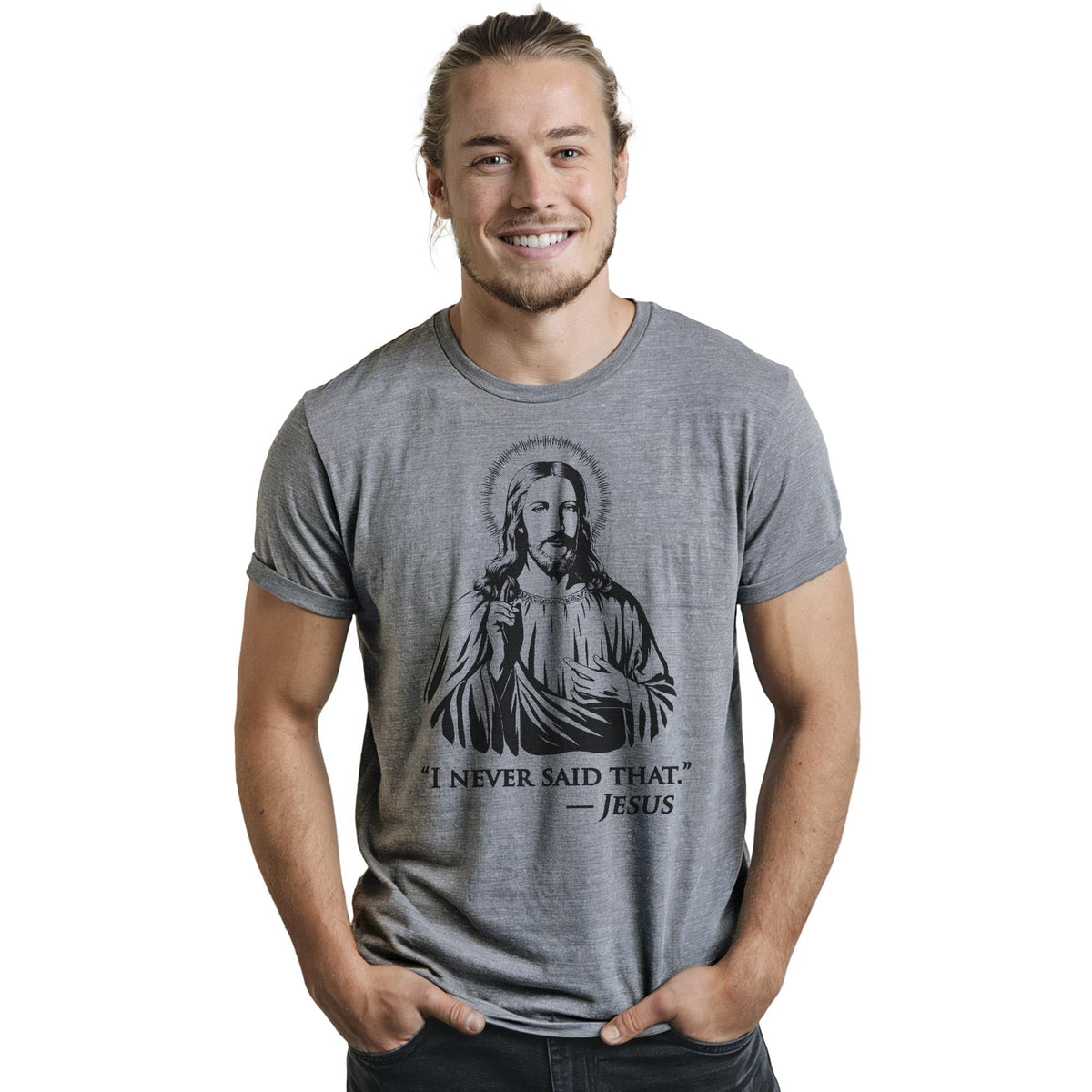 I Never Said That Cool Staple T-shirt in Ash Heather On Model - Front View