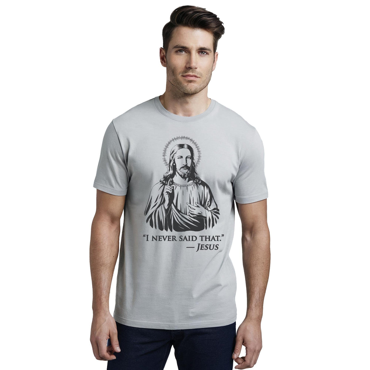 I Never Said That Cool Staple T-shirt in Silver On Model - Front View