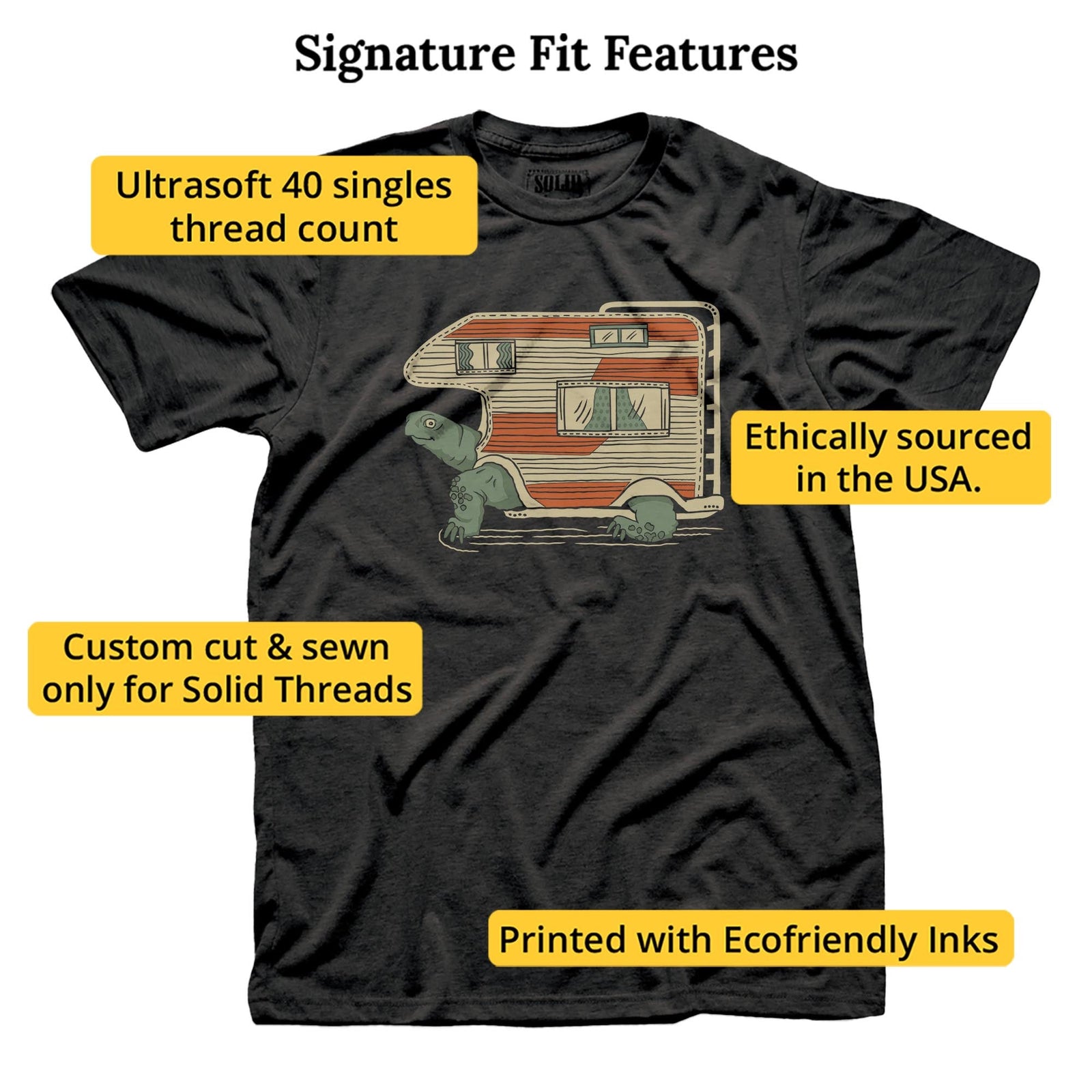 Tortoise Camper Funny Signature T-shirt in Dark Charcoal - Fit Attributes