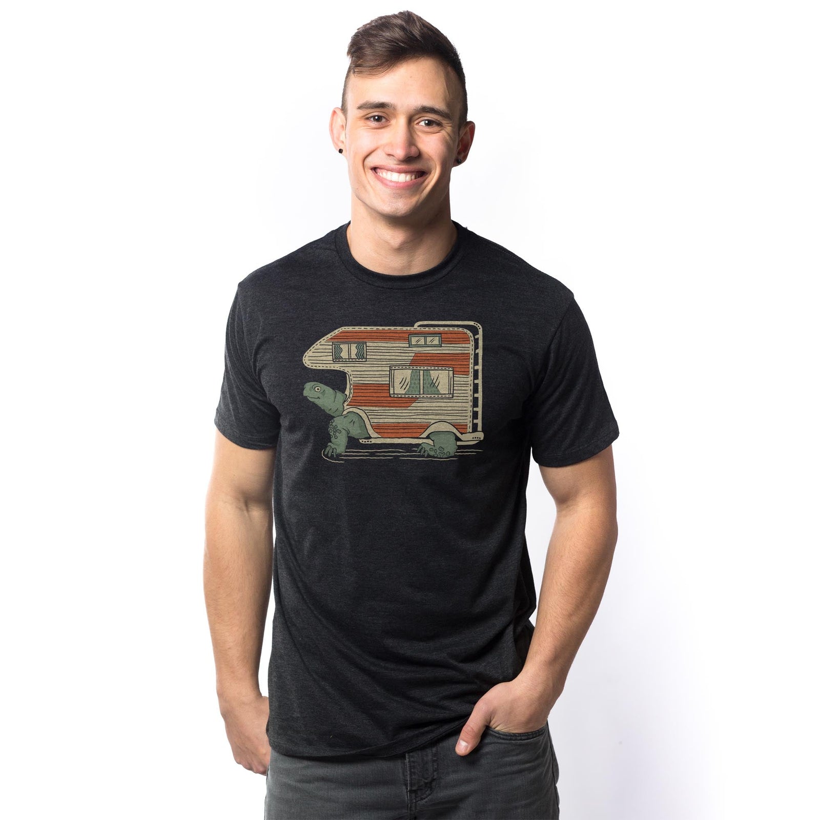 Tortoise Camper Funny Signature T-shirt in Dark Charcoal On Model - Front View