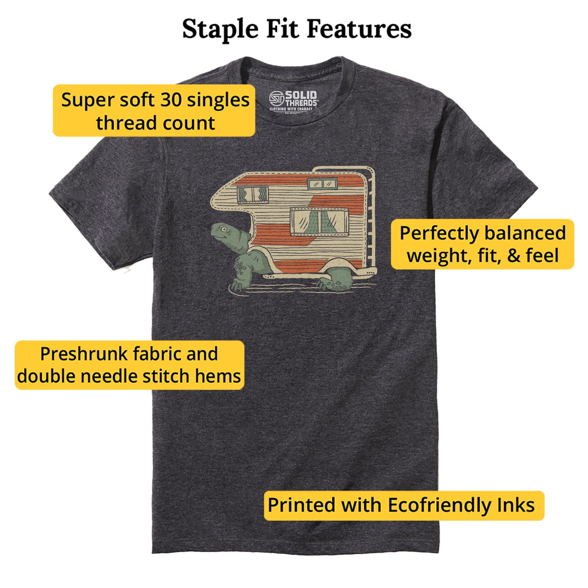 Tortoise Camper Funny Staple T-shirt in Charcoal Heather - Fit Attributes