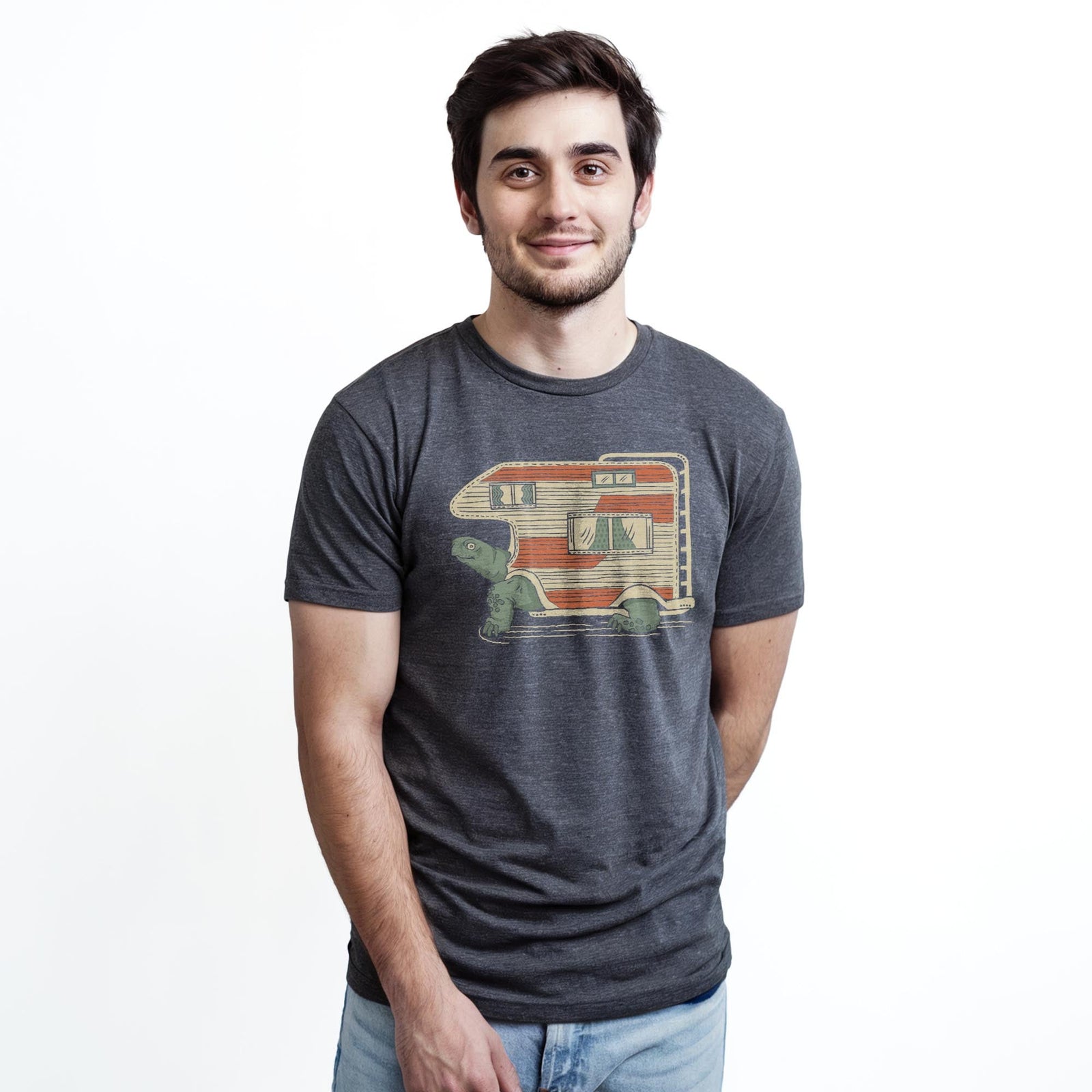 Tortoise Camper Funny Staple T-shirt in Charcoal Heather On Model - Front View