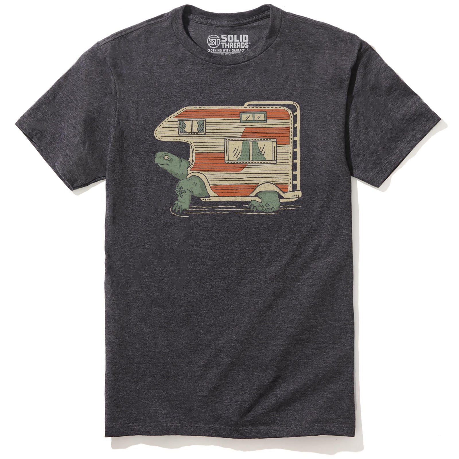 Tortoise Camper Funny Staple T-shirt in Charcoal Heather - Front View