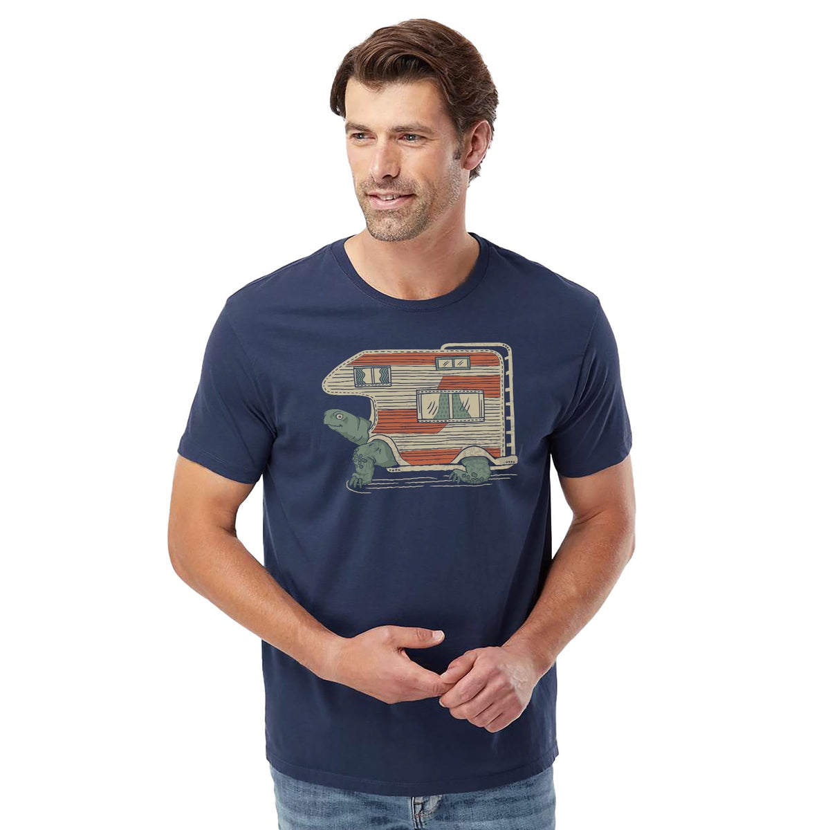 Tortoise Camper Funny Organic T-shirt in Navy On Model - Front View