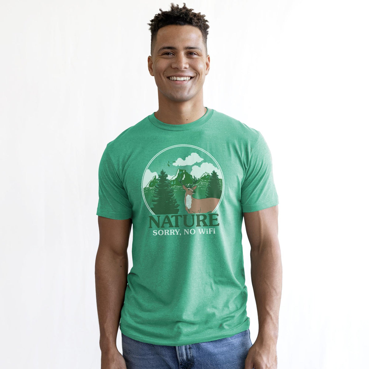 Sorry, No Wifi Vintage Staple T-shirt in Kelly Heather On Model - Front View