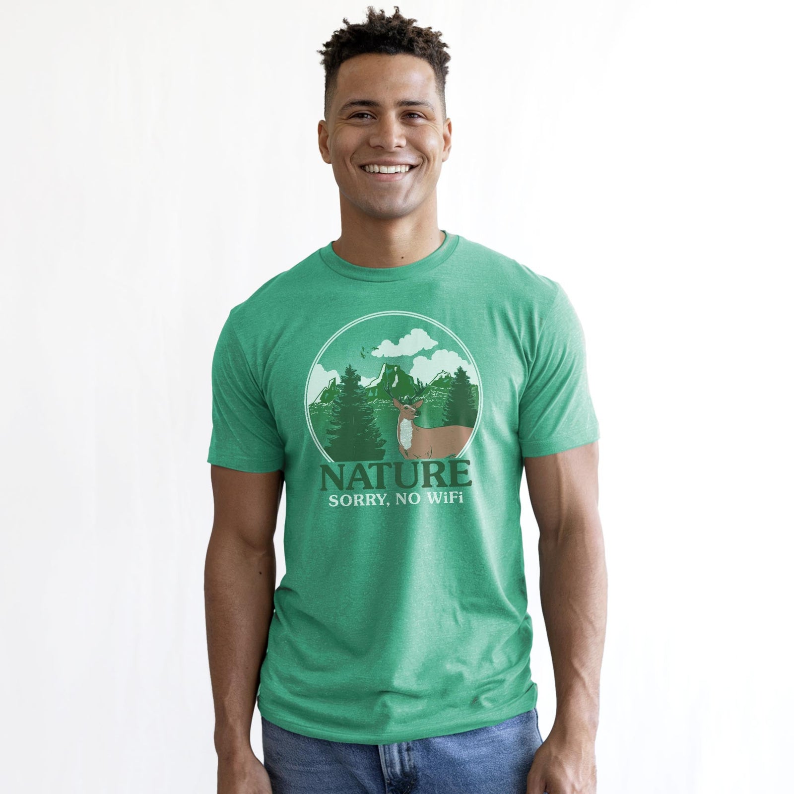 Sorry, No Wifi Vintage Staple T-shirt in Kelly Heather On Model - Front View