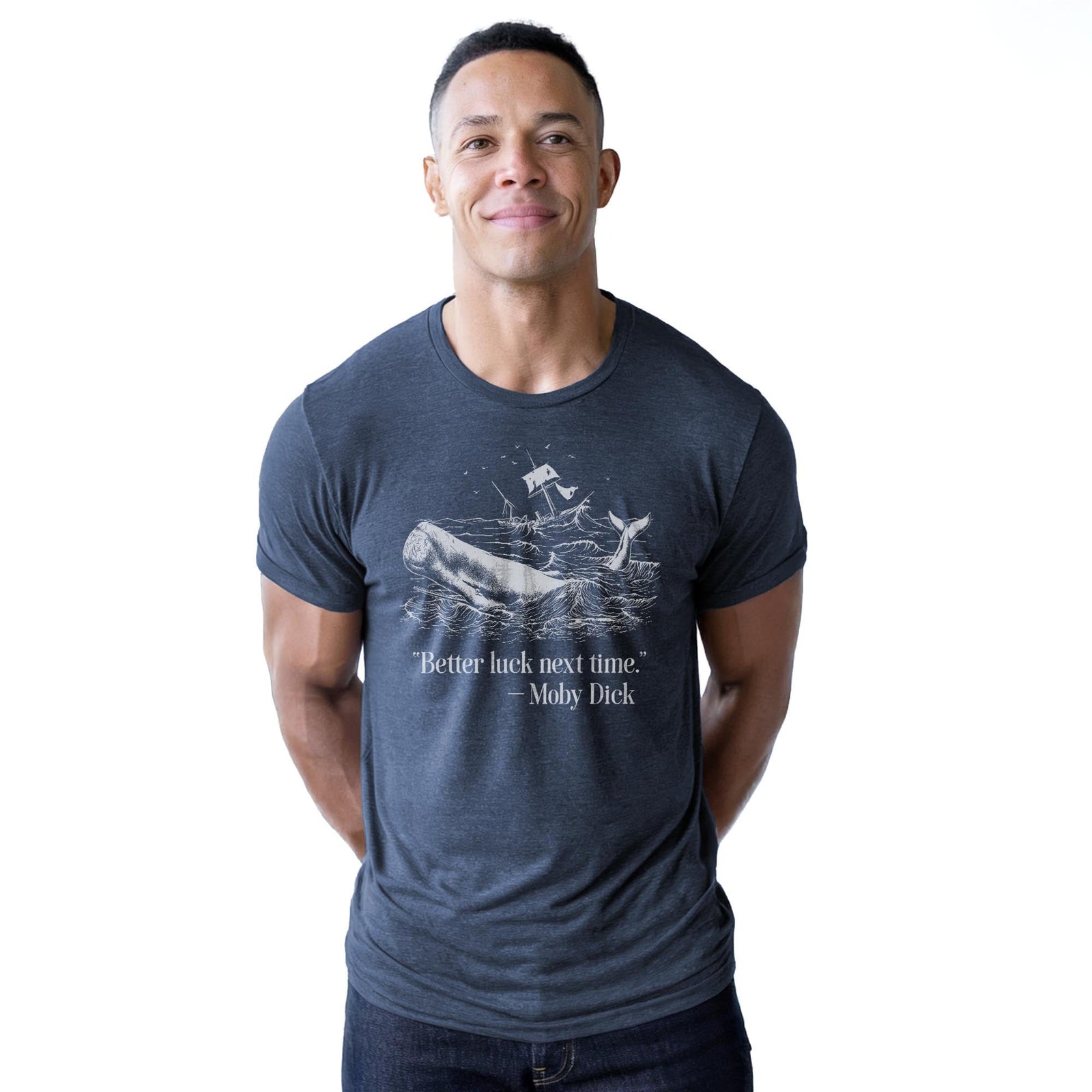 Moby Dick Designer Staple T-shirt in Navy Heather On Model - Front View