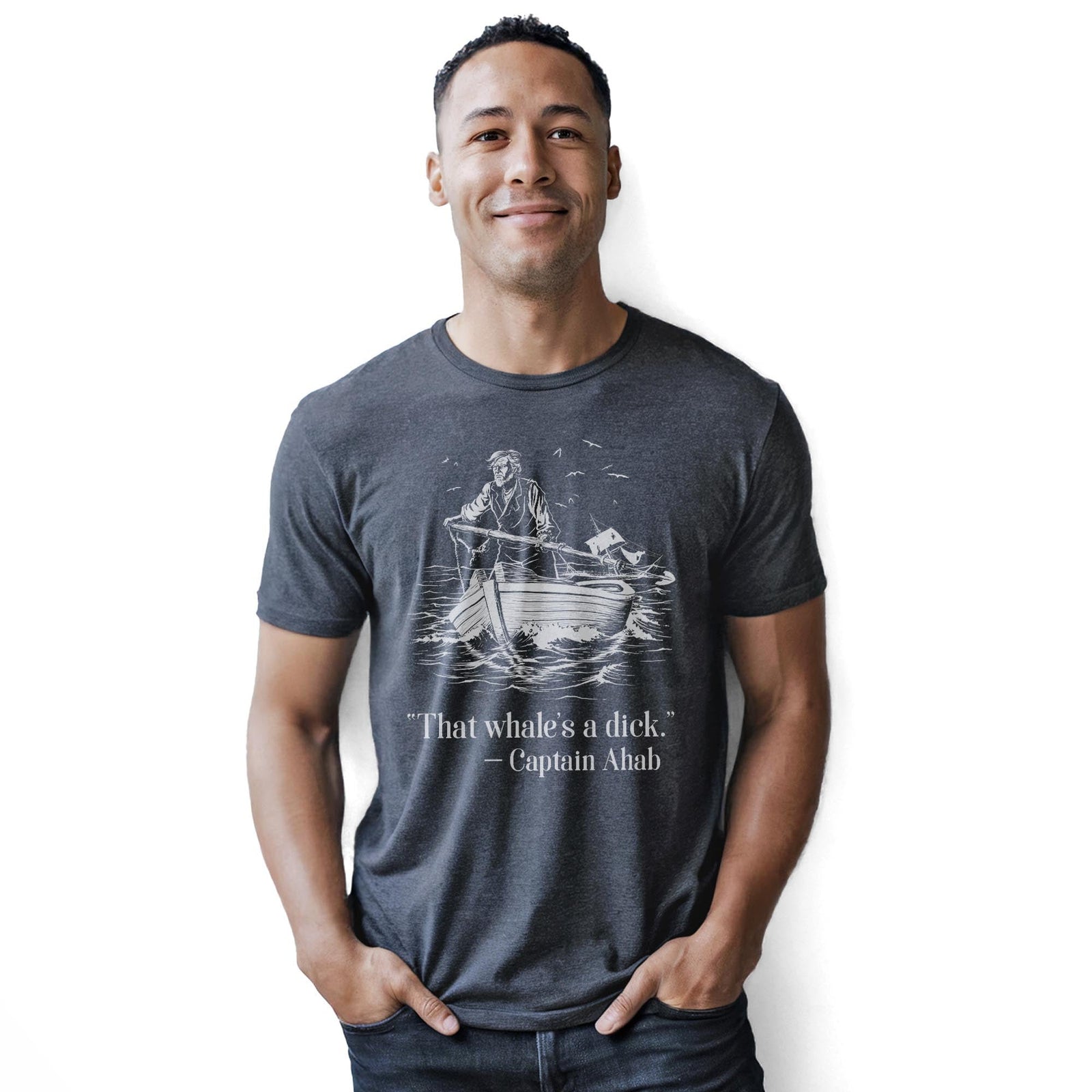 Captain Ahab Designer Staple T-shirt in Charcoal Heather On Model - Front View