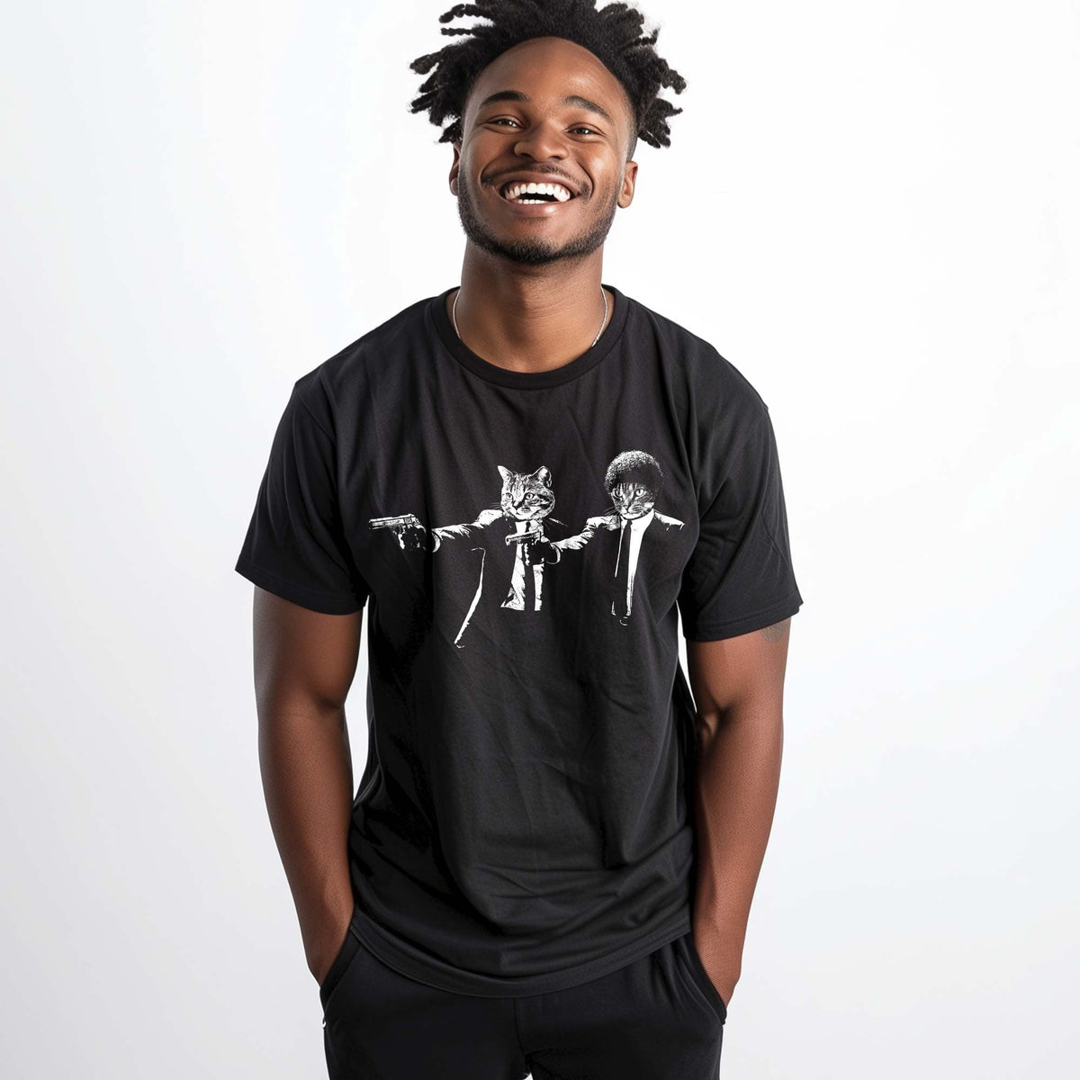 Men's Pulp Felines Cool Tarantino Movie Graphic T-Shirt | Vintage Cat Tee On Model | Solid Threads