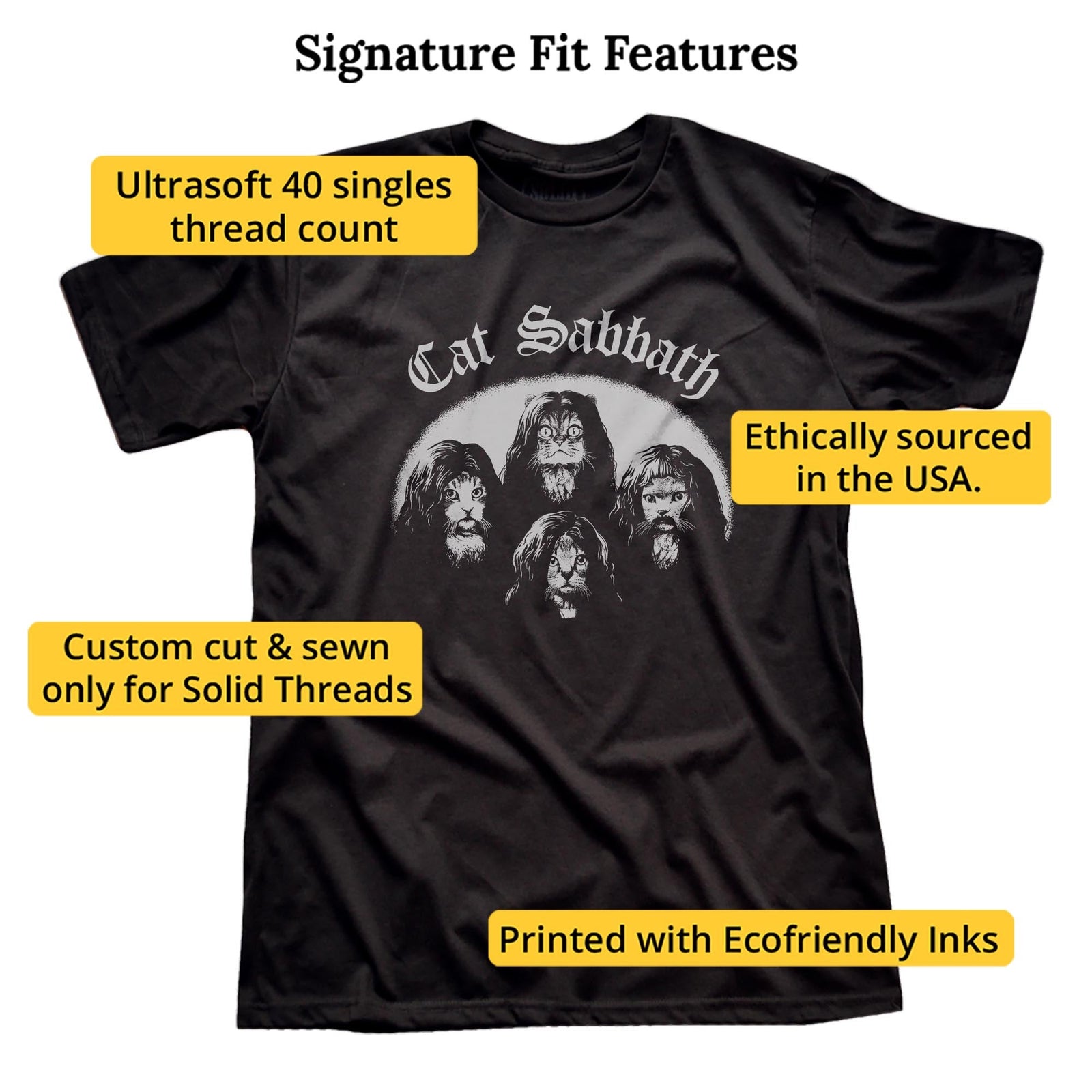 Cat Sabbath Funny Signature T-shirt in Black - Fit Attributes