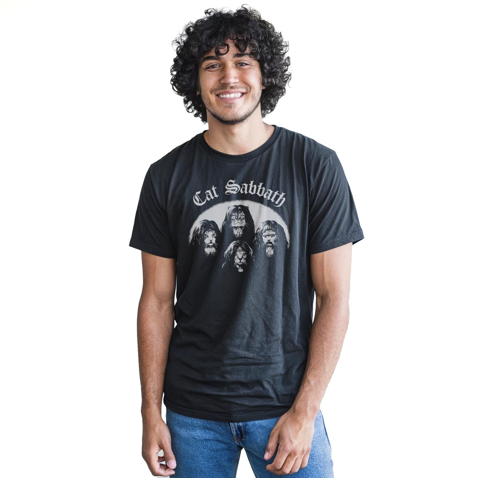 Cat Sabbath Funny Staple T-shirt in Black On Model - Front View