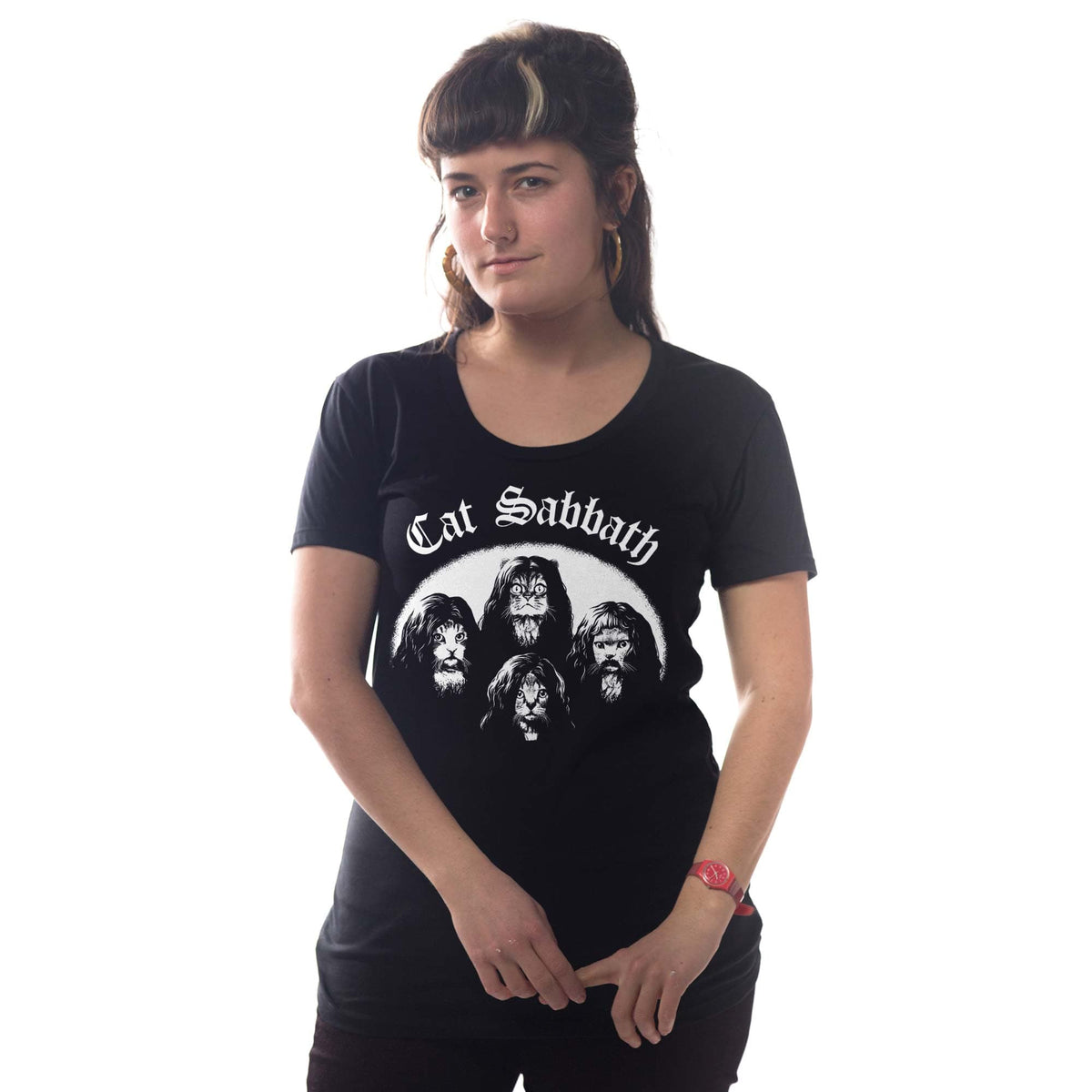 Women's Cat Sabbath Funny Graphic T-Shirt | Vintage Black Metal Rock Tee On Model | Solid Threads