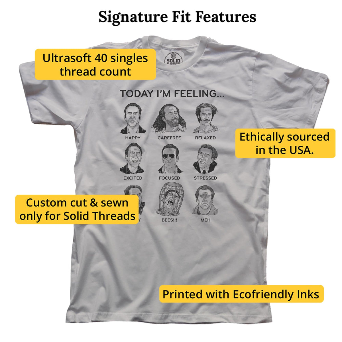 Nicolas Cage Mood Board Funny Signature T-shirt in Silver - Fit Attributes