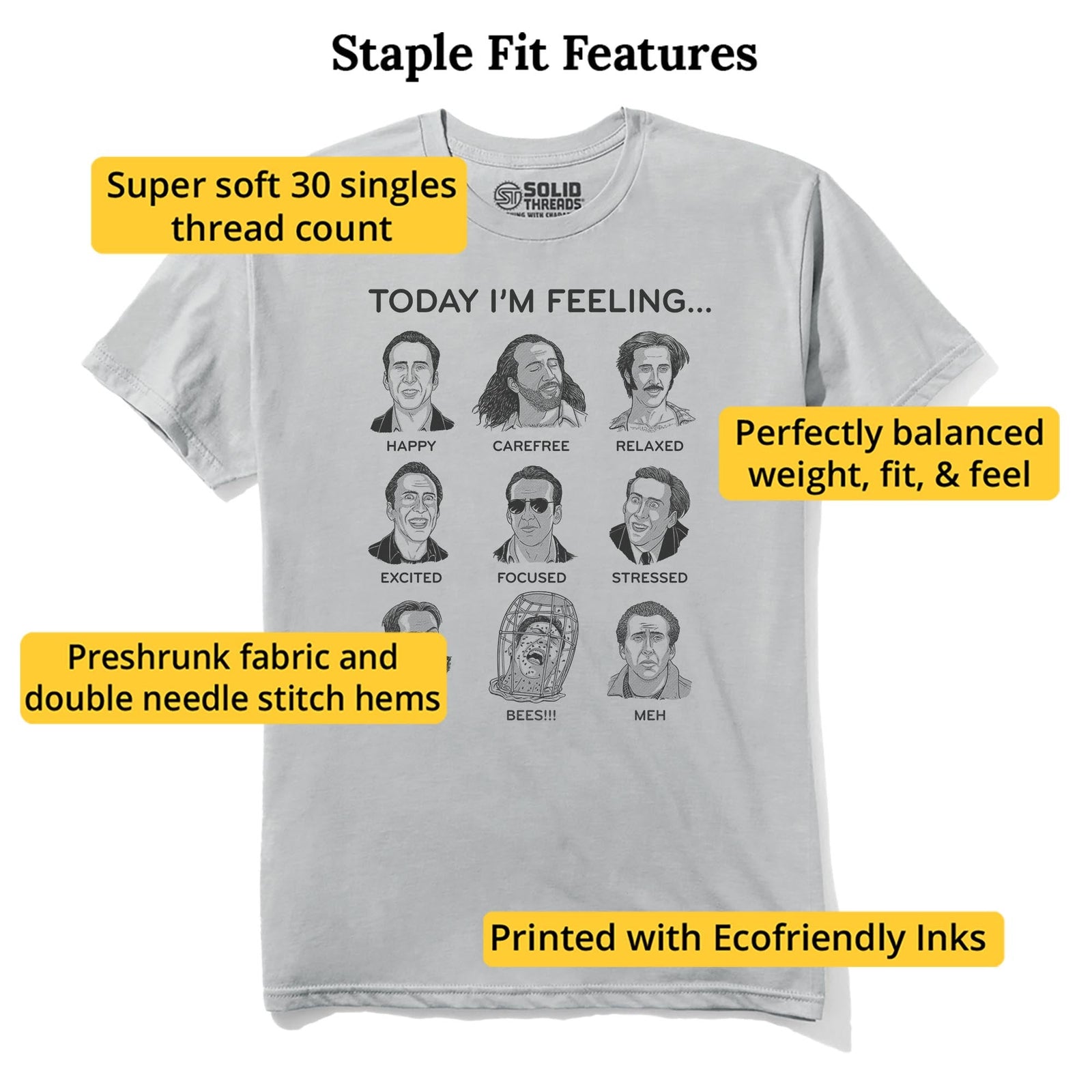 Nicolas Cage Mood Board Funny Staple T-shirt in Silver - Fit Attributes