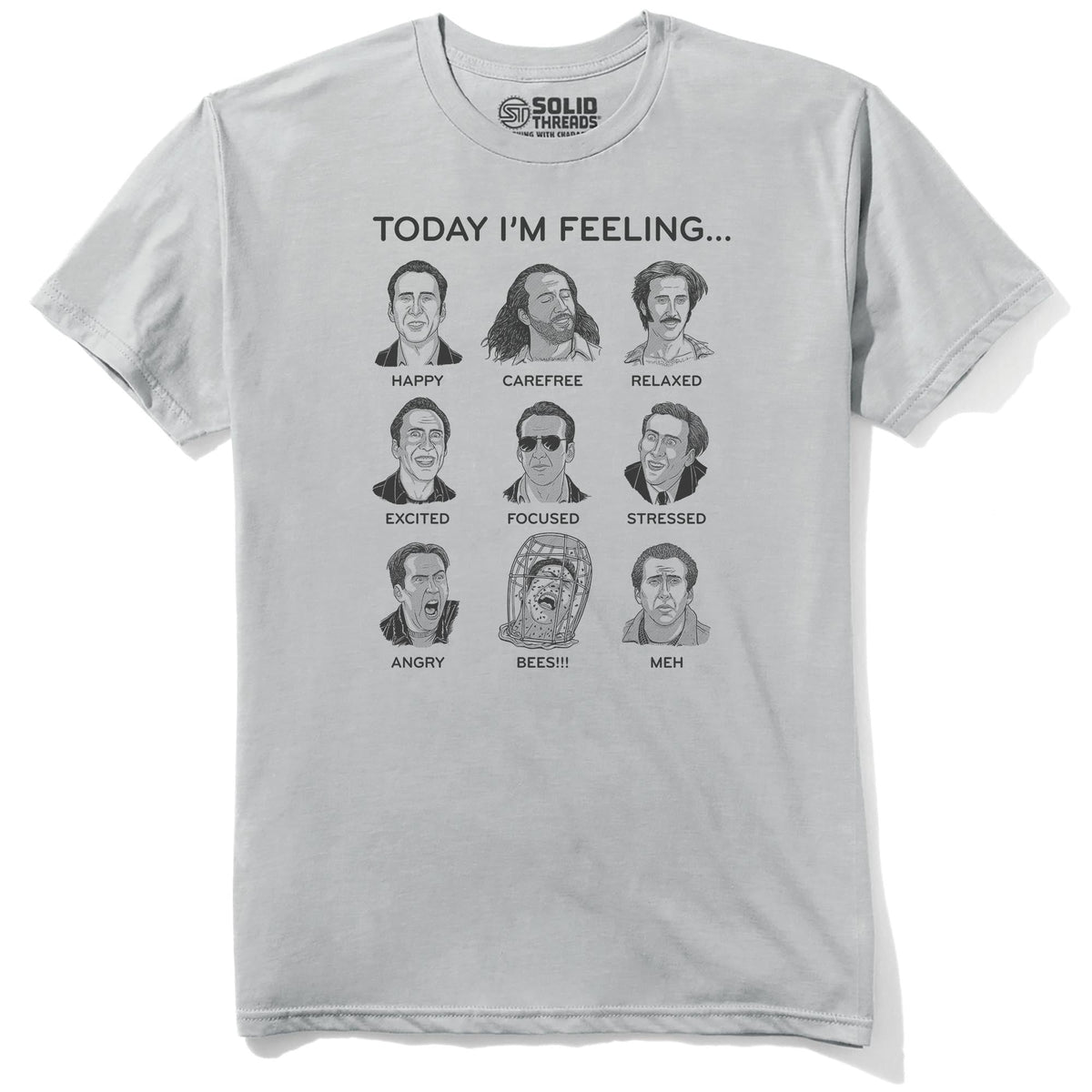 Nicolas Cage Mood Board Funny Staple T-shirt in Silver - Front View