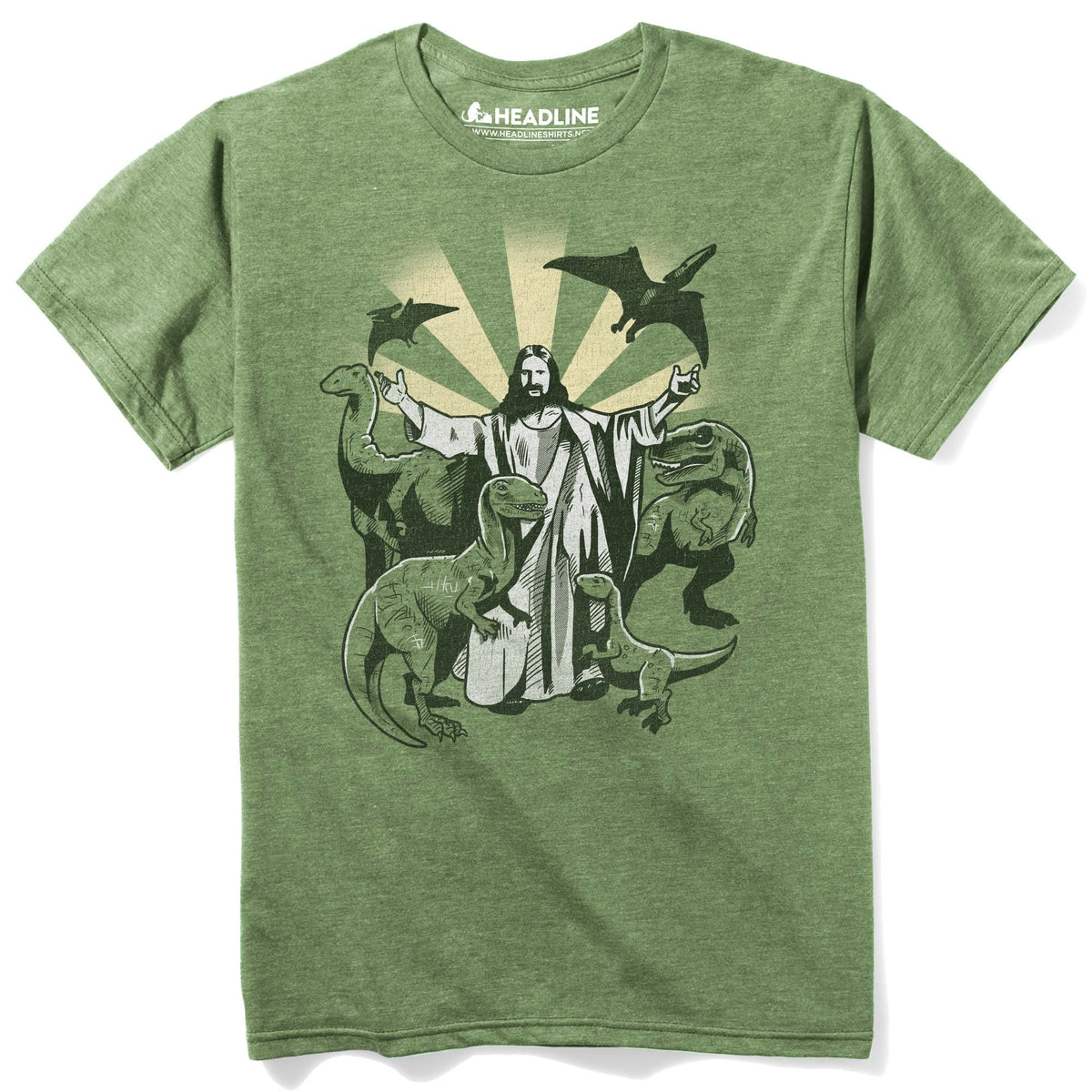 Men&#39;s Jesus And The Dinosaurs Vintage Graphic T-Shirt | Funny Evolution T-Rex  Tee | Solid Threads